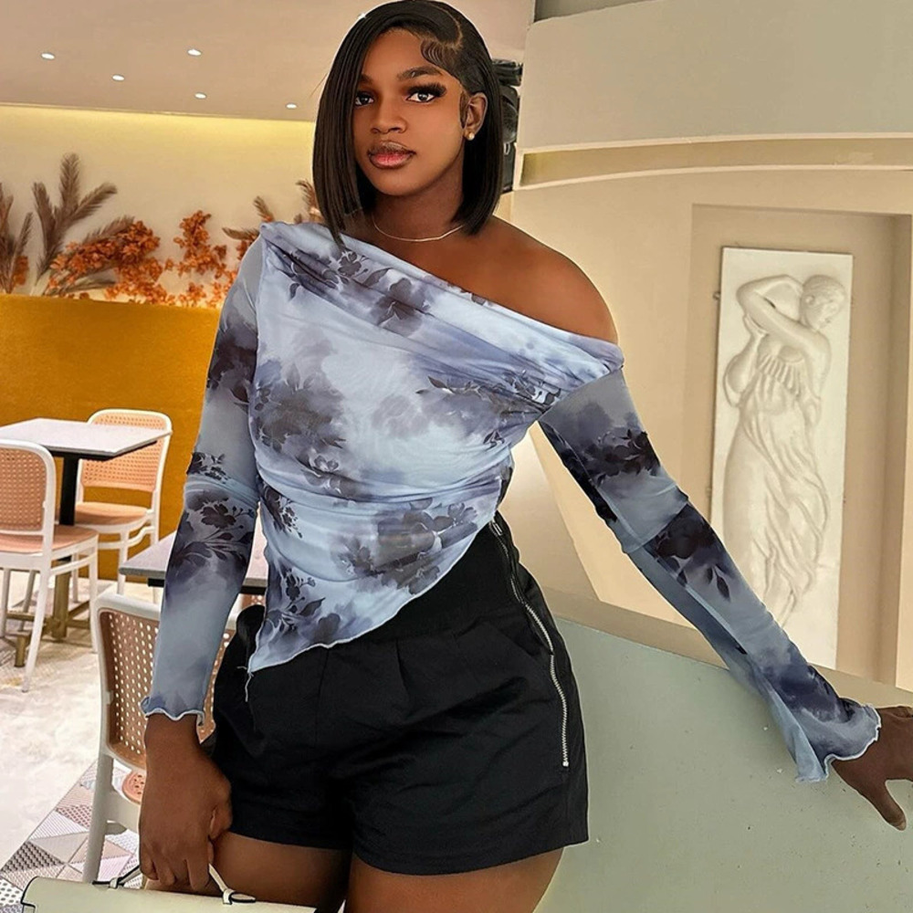 ZARA Long Sleeve Tie Dye Print Off Shoulder Slanted Collar Irregular Hem Tee